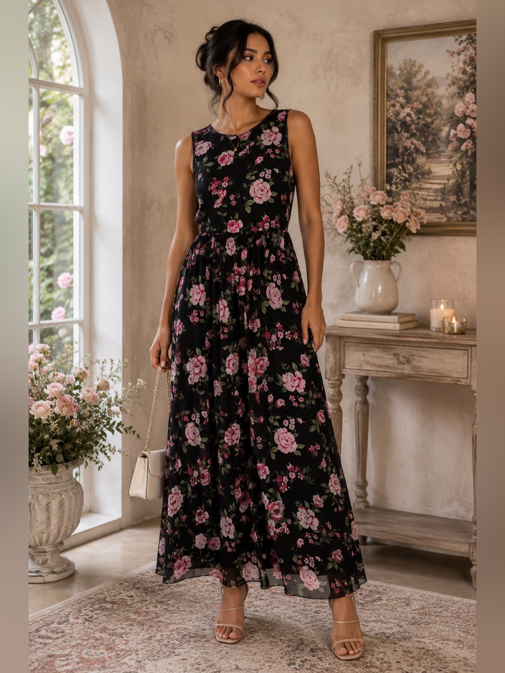 BTFBM Black Pink Rose Floral Mesh Maxi Dress Size S Romantic Cottagecore NWT